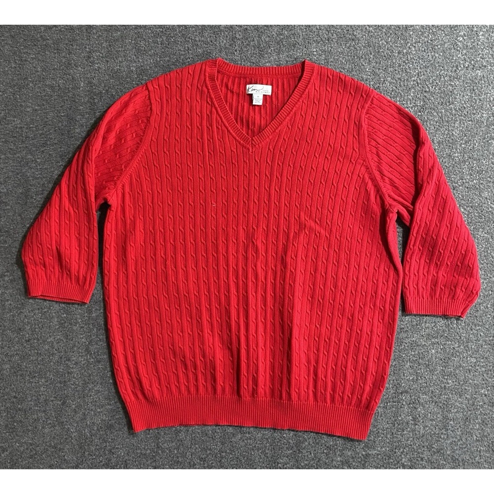 Kim Rogers Women's Red Cotton Cable-Knit V-Neck Long Sleeve Sweater Size XL